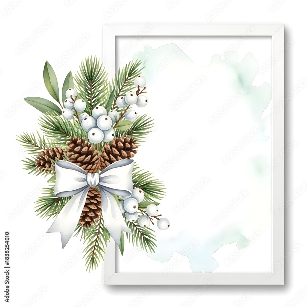 Fototapeta premium Pine branch arrangement with bow in decorative frame and white background