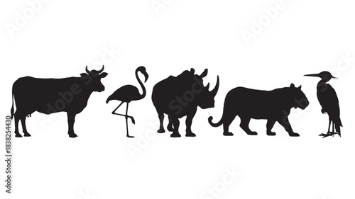 Wild animals silhouettes in minimalist black style with dramatic lighting on white background for wildlife conservation