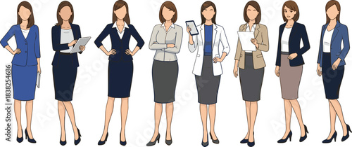 Businesswoman character icon set, professional female figures in office attire holding documents and devices, cad drawing flat vector illustration