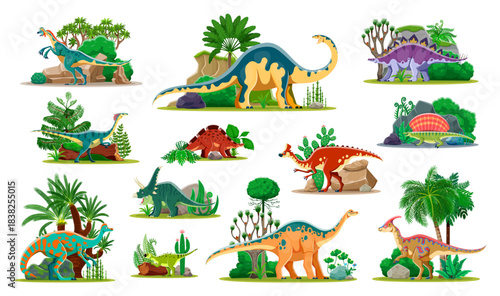 Prehistoric dinosaurs characters among landscape plants. Oviraptor, Gallimimus, Jaxartosaurus and Psittacosaurus, Chasmosaurus, Wuerhosaurus cartoon vector dinosaurs, prehistoric tree and fern plants