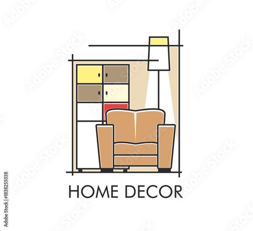 Home decor and interior furniture store icon. Apartment room design line vector label, house living room decor shop icon. Home interior atelier emblem with armchair, floor lamp and cabinet bookshelf