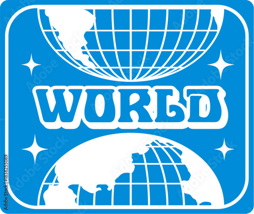 Global world globe Y2K groovy sticker or tag. Earth Y2K vector terrestrial sphere sticker, world groovy mesh sphere label. Wireframe globe patch with white typography and globe on blue typography