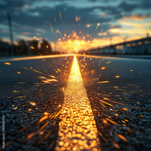 Golden sparks erupt along glowing road centerline at sunset, dramatic low angle close up with bokeh light and dynamic motion energy
