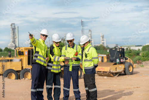 Diverse group of petrochemical engineers looking at on tablet and discussing inspection and maintenance plans for pipelines for oil and gas at petroleum refinery, power plant energy industry.