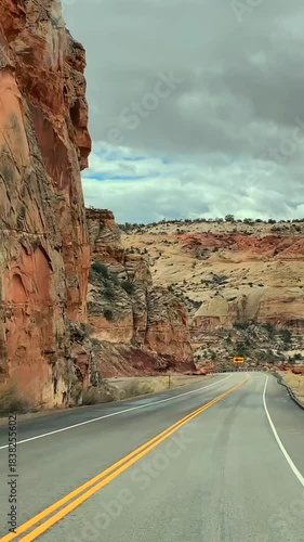 POV road trip through Utah and Arizona along Route 12 and Highway 95, with scenic canyons, mesas, red rocks and desert landscapes. Horizontal and vertical footage.