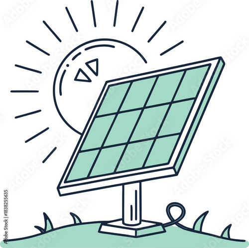 Illustration of a solar panel with a sun shining above it in a field of grass on a white background