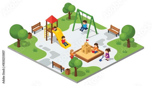 Squared 3D Isometric View Vector of children playing at a playground with slide, swing, sandbox, and trees under sunny sky. Ideal for kids activity content, education, and playful illustration