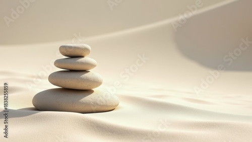 Minimal zen rock garden smooth raked sand soft light peaceful balance vibrant clean tones