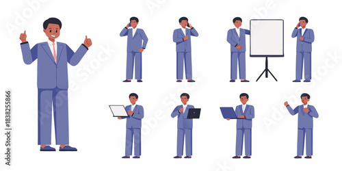 Diverse group of businessmen in suits depicted in various professional poses
