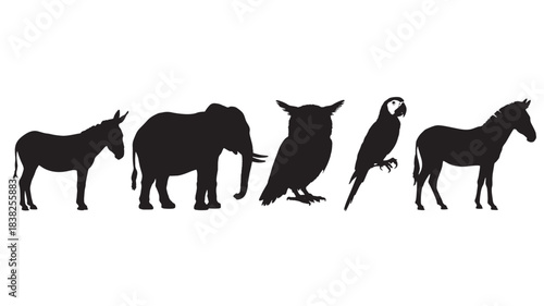 Wild animals silhouette in minimalist style with black color on white background for wildlife conservation