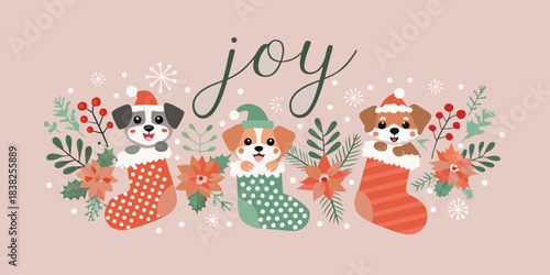 Festive illustration featuring adorable puppies in christmas stockings and winter decor