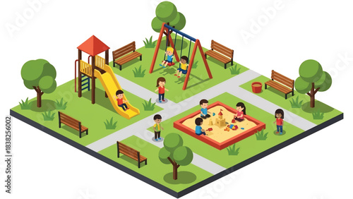 Squared 3D Isometric View Vector of children playing at a playground with slide, swing, sandbox, and trees under sunny sky. Ideal for kids activity content, education, and playful illustration