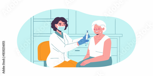 Healthcare professional administering a vaccine to an elderly woman in a clinic