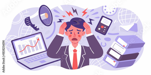 Overwhelmed businessman struggles with stress deadlines and modern work pressures