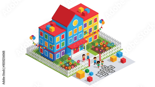 Squared 3D Isometric View Vector of a colorful kindergarten building with fenced yard, flowers, and children arriving. Perfect for education, childcare, and early learning visuals