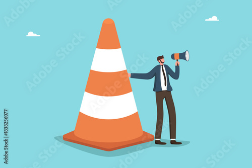 Leadership qualities to prevent risks in the chosen business strategy, and unforeseen circumstances, mentoring to solve complex problems, man near a traffic cone announces a danger through megaphone.