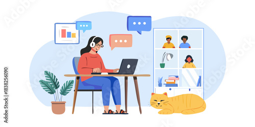 A woman working remotely with a cat enjoying a virtual meeting setup