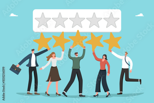 Customer feedback about product or service quality, five star rating, positive service feedback, experience, evaluation rank, user satisfaction, clients holds stars for ratings.