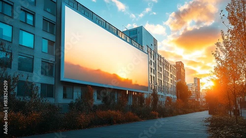 Large Billboard on Modern Building Reflecting Sunset Sky.