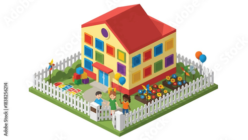 Squared 3D Isometric View Vector of a colorful kindergarten building with fenced yard, flowers, and children arriving. Perfect for education, childcare, and early learning visuals