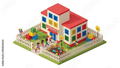 Squared 3D Isometric View Vector of a colorful kindergarten building with fenced yard, flowers, and children arriving. Perfect for education, childcare, and early learning visuals