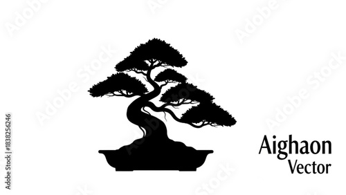 Serene Silhouette of a Bonsai: A gracefully sculpted bonsai tree, set against a backdrop, embodies tranquility and patience. The miniature tree, a symbol of harmony and balance, is presented in stark.