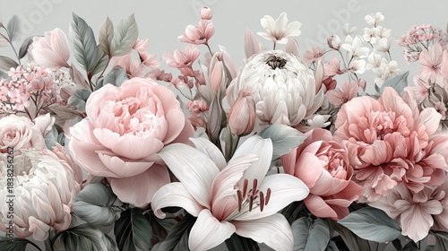 Lush arrangement of pale pink and white blossoms fills the frame with soft botanical beauty