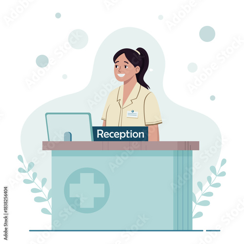 Smiling Medical Receptionist at Hospital Registration Desk – Flat Illustration