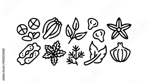 Collection of line art icons representing various spices, herbs, roots, and seasonings, perfect for culinary or cooking themes, isolated on white background .icon