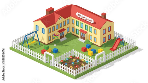Squared 3D Isometric View Vector of a colorful kindergarten building with fenced yard, flowers, and children arriving. Perfect for education, childcare, and early learning visuals