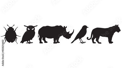 Wild animals silhouettes in minimalist style with black color on white background for wildlife conservation