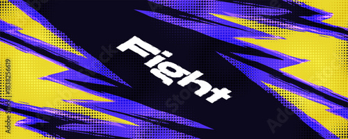 Dynamic Sport Background with Purple and Yellow Brush Strokes and Halftone Effect. Poster or Banner Template Design for Sports Events or Video Games Promotion