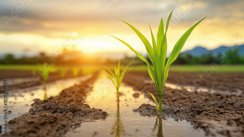 Young corn seedling in wet farmland at golden hour with sunrise reflection in irrigation furrow, fresh green leaf and moist soil conveying calm renewal and hopeful growth
