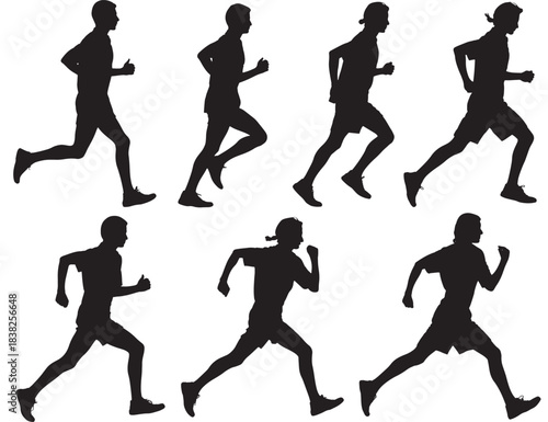 Silhouettes of Runners in Various Poses in Dynamic Motion with Black Color on White Background for Fitness Illustration