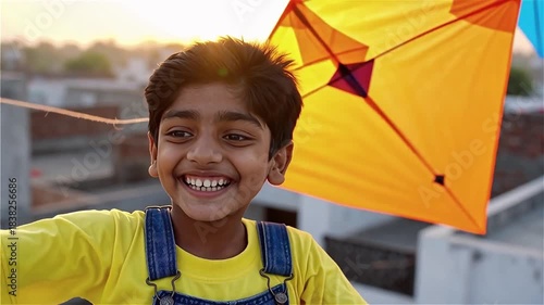 Joyful Boy with Kite: Young Indian Child Smiling and Holding a Kite Against a Warm Sunset Sky

