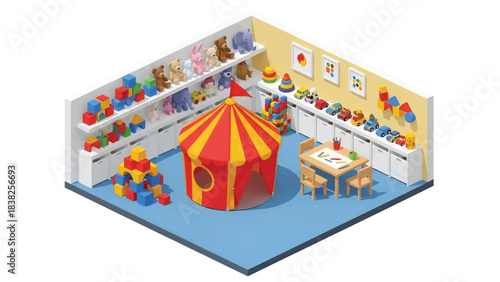 Squared 3D Isometric View Vector of a children’s indoor playroom with drawing table, tent, stuffed toys, and shelves. Ideal for preschool branding, learning spaces, and playful editorial design