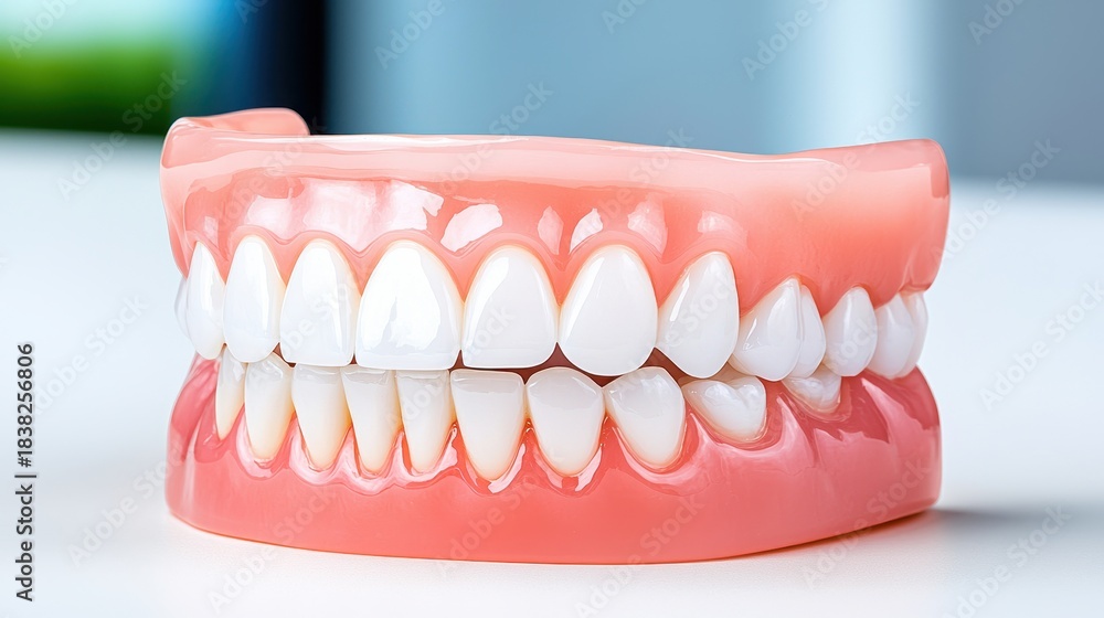 Fototapeta premium Full Set of Artificial Teeth on White Surface