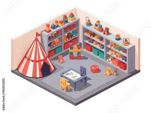 Squared 3D Isometric View Vector of a children’s indoor playroom with drawing table, tent, stuffed toys, and shelves. Ideal for preschool branding, learning spaces, and playful editorial design