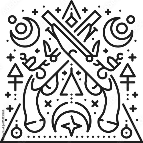 Pirate crossed flintlock pistols esoteric line symbol. Filibuster marine sacred lineart vector tattoo, buccaneer sailing, pirate esoteric outline print. Corsair magic sign with ancient firearm guns