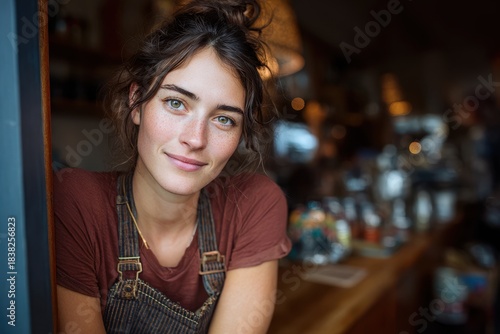 Soft morning light filters through coffee shop windows, young businesswoman in professional attire, friendly expression, engaging with new customers, cozy ambiance with wooden tables