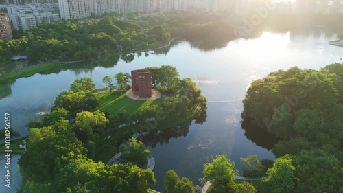 Foshan Chancheng Park Aerial View - Red Tower & Waterscape