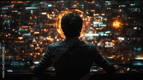 Lone Figure Watching Over a Glowing Futuristic Megalopolis at Night.