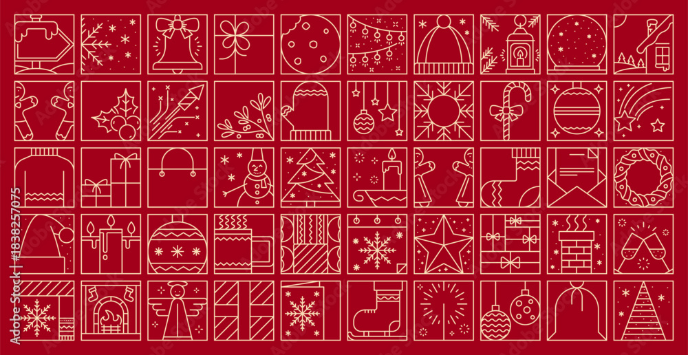 Obraz premium Christmas holiday line decoration elements of snowflake, jingle bell, gift, gingerbread cookie, garland, hat, house, bauble and firework. Vector mitten, candy, sweater, snowman and pine tree, candle