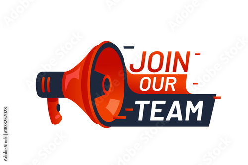 Join our team vacancy interview icon or tag. Company employee recruitment icon, job offer graphic vector banner. Business human resources vacancy label or tag with red loudspeaker and typography