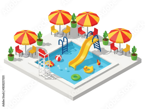Obraz na płótnie Squared 3D Isometric View Vector of children playing in a shallow swimming pool with float toys, umbrellas, and sunny landscape