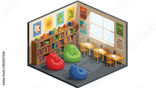 Squared 3D Isometric View Vector of children reading books in a library with bookshelves, beanbags, and posters. Ideal for education, literacy campaigns, and early learning media