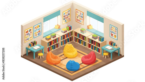 Squared 3D Isometric View Vector of children reading books in a library with bookshelves, beanbags, and posters. Ideal for education, literacy campaigns, and early learning media