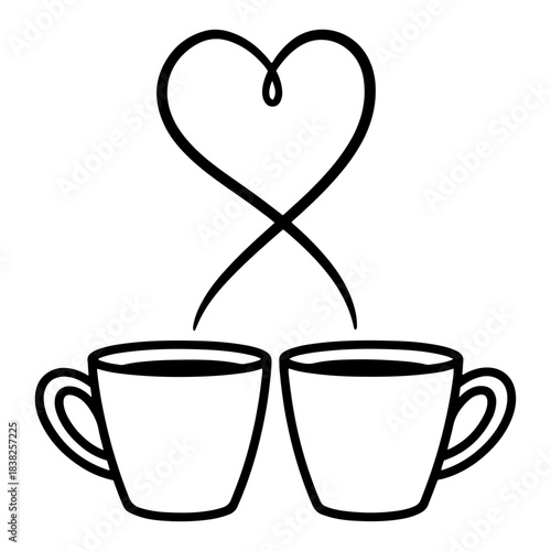 Vector line art illustration of two coffee cups with steam forming a heart shape hand drawn sketch of hot beverage mugs symbolizing love and dating