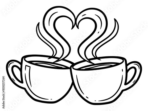 Vector line art illustration of two toasting coffee mugs with heart shaped steam hand drawn sketch of clinking cups representing romantic breakfast or tea time