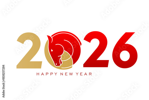 2026 oriental year of horse sticker or symbol. Lunar calendar 2026 typography, Chinese zodiac 2026 year calendar date vector patch. Oriental New Year number label with golden text and red horse head